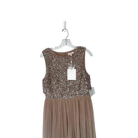 NWT Maya Deluxe Taupe Sequin Sleeveless Pop Over Tulle Maxi Dress Size 8 - Picture 5 of 14